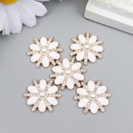 Decor for creativity Metal "White Chamomile" enamel, rhinestones, pearl 0.8x2.3x2.3 cm-2