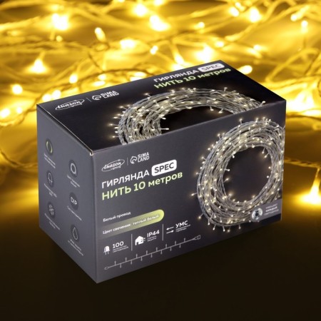 Garland “thread” 10 m, IP44, UMS, white thread, 100 LED, glow warm white, flickering all LEDs, 24 V-5