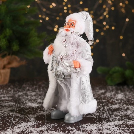 Santa Claus "in a high cap, in a strap and with a bag" 30 cm, silver-white-3