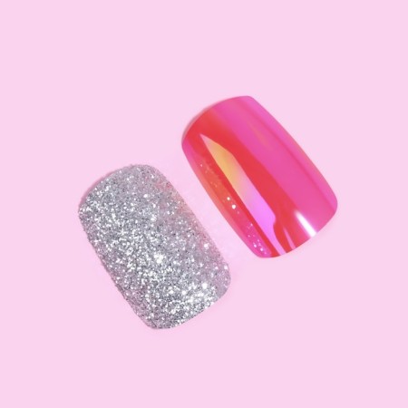 Overhead nails, 24 pcs, with adhesive plates, shape soft square, silver color/holography-1