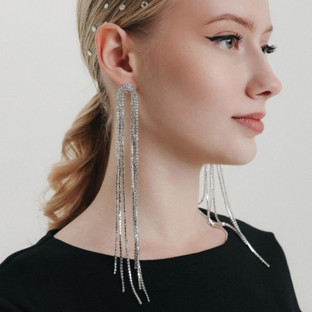 Hanging earrings with Hollywood rhinestones, 6 rows, white color in silver, 19.5 cm-2