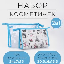 A set of cosmetic bags 2 in 1 on zippers, the color is blue/beige