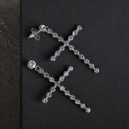 Earrings with rhinestones “crosses” with divisions are large, white color in silver-2