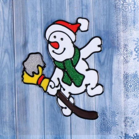 Stick on glass "A snowman with a broom in the snow" 14x11 cm