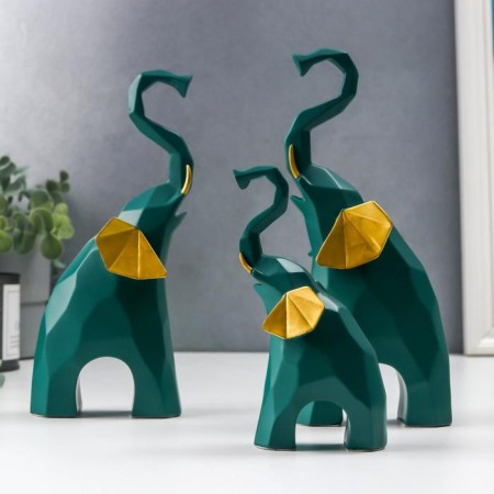 Souvenir Polystone 3D "Green Elephants" Set 3 pcs 13.5x4x7.5 cm 20x5x9.5 cm 21x5x10 cm
