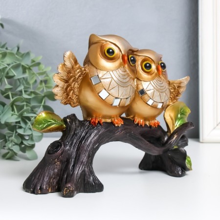 Polystone souvenir "Two gold owls on a snag" on the chest sun 8x22x17.5 cm-1