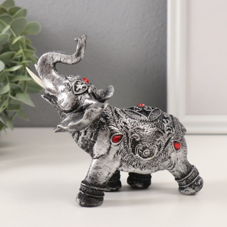 Polystone souvenir "Silver Elephant in Popone with Rubins" 13x7.5x15.5 cm-3
