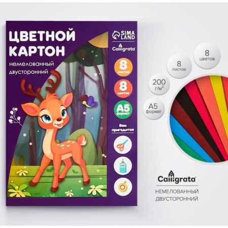Cardboard of color two -sided A5, 8 sheets, 8 colors "Olena", non -220 g/m2, in the folder