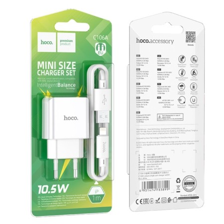 Network charger HOCO C106A, 1 USB, 2.1 A, Lightning cable - USB, 1 m, white-8