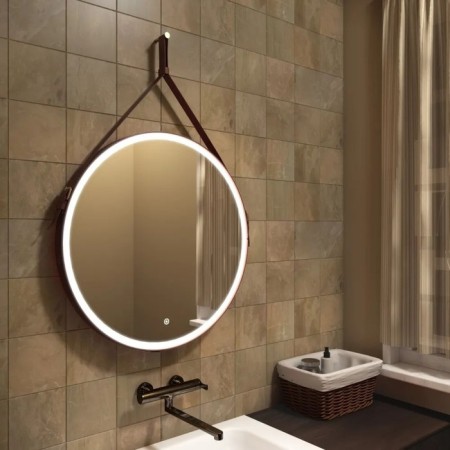 Mirror Uperwood Round LED, D = 65 cm, backlight, sensory switch, brown belt-2