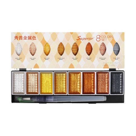 Watercolor paints, mother -of -pearl, + brush, in a plastic box, 8 colors