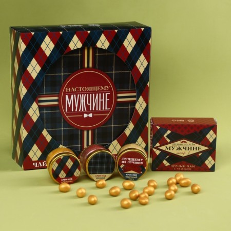 Gift set "Real Men", tea, cream-cells, nuts in chocolate
