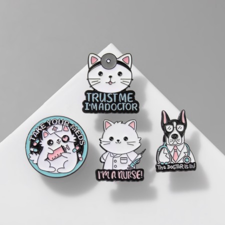Set of icons (4pcs) "Three cats and dog" doctors, colored in black metal-2