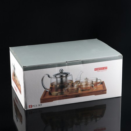 Tea kit on an eco wooden stand, 7 items: glass kettle with a sieve 900 ml, mugs 6 pcs, 100 ml-5