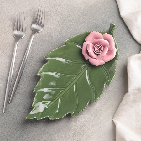 Ceramic serving dish "leaf with rose", 27 × 14 × 4.5 cm, green-pink color-1