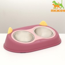 Metal dual bowl on a plastic base 2 x 160 ml, 34 x 28 x 5 cm, burgundy