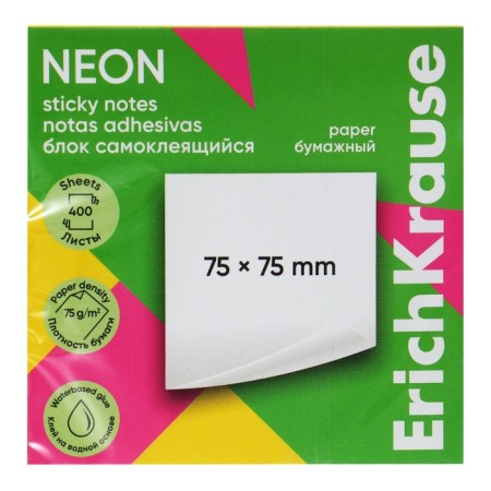 Block with a sticky edge paper 75x75 mm, Erichkrause "Neon", 400 sheets, 4 colors-2