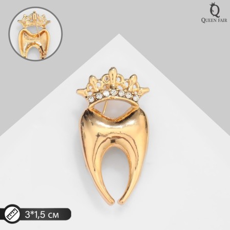 Tooth brooch with a crown, white color in gold
