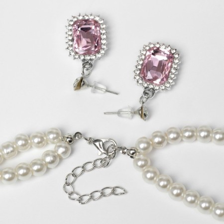 Set 2 objects: earrings, Katrin's necklace pink insert, white color in silver, 45 cm-1