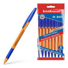 A set of ballpoint pens Erichkrause R-301 Orange Stick & Grip, 8 pieces, node 0.7 mm, blue ink blue, rubber emphasis, orange case