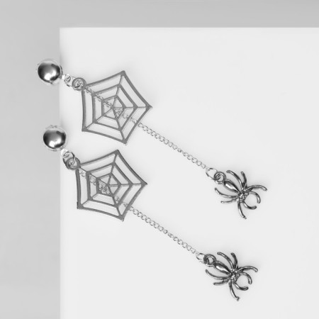 Earrings "Spiders" with web, gray color in silver, 8 cm