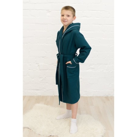 Children's robe with a hood, height 158 ​​cm, emerald color