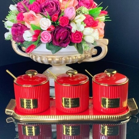 A set of lenardi cans, with spoons on a stand, 3 pcs, red color