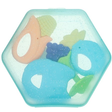 A set of silicone teeters "Blue Boxing", with a rattle, 4 pcs., In the case, crumb I-3