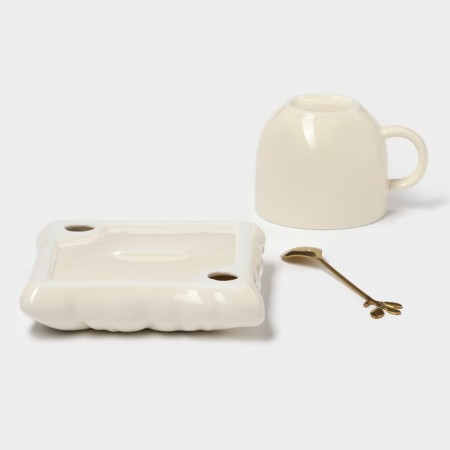 Tea couple ceramic with a spoon "Zephar", 2 items: a cup 250 ml, a saucer d = 13 cm, beige color-8