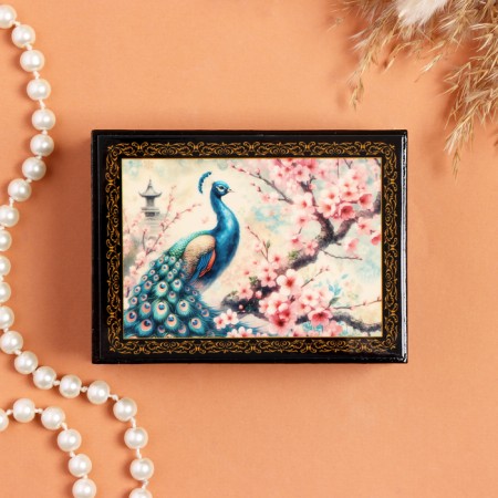 Casket "Peacock and Sakura", black, 8 × 10.5 cm, lacquer miniature-2