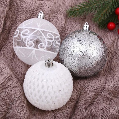 Set of balls plastic D-8 cm, 9 pcs "frost" mesh, white silver