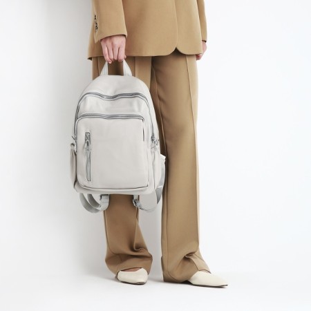 Women's backpack made of artificial leather with lightning, 6 outer pockets, beige color-6