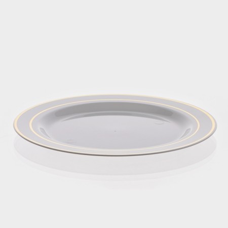 Plastic disposable plastic, 19 cm, round, flat, white color with a golden pocket-6