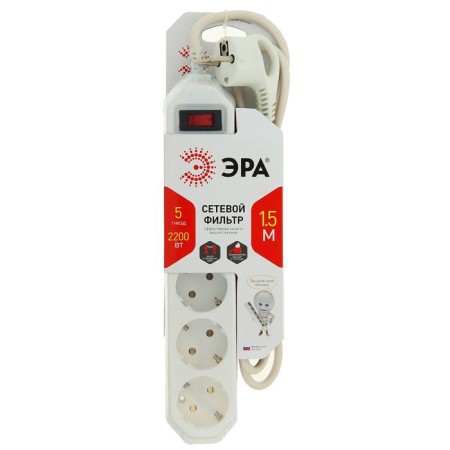 The ERA network filter USF-5S-1.5M-W, 5 outlets, 1.5 m, 10 A, with salary, 3x0.75 mm2, white-1