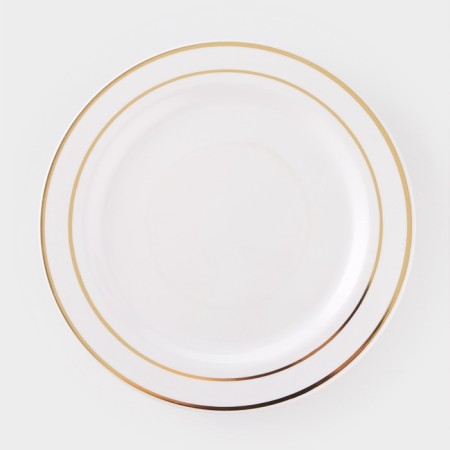 Plastic disposable plastic, 19 cm, round, flat, white color with a golden pocket-3