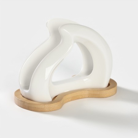 Ceramic napkin on the bamboo stand Bellatenero, 14 × 7 × 10 cm, white color-3
