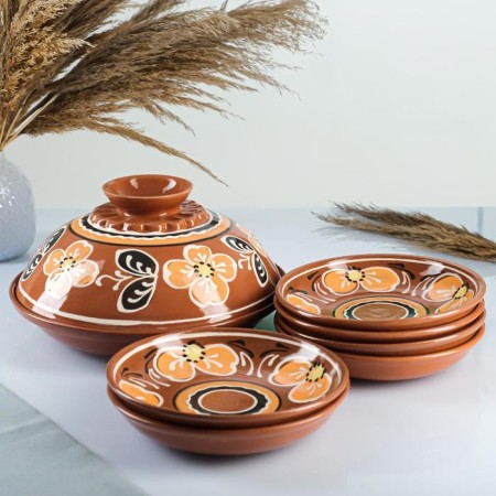 Set for pancakes 7 items: 1 pc. Pancake, 6 pcs. plates, with painting, peach-1