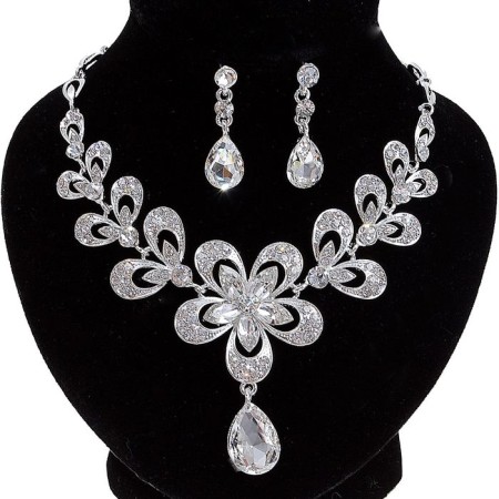 Set 2 objects: earrings, necklace "Slag Empress" flower, white color in silver, 45 cm