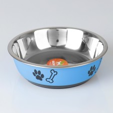 The bowl is round with a non -slip base and print, 450 ml, blue