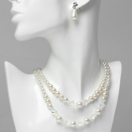 Set 2 objects: earrings, necklace "Classic" 2 threads, white color in silver, 45 cm