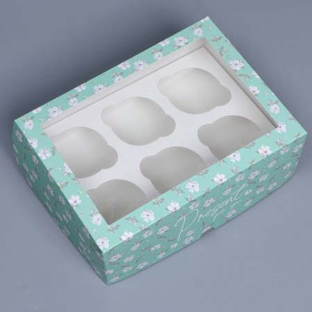Capcake box, confectionery packaging with a window, 6 cells "Green Pattern", 25 x 17 x 10 cm-1