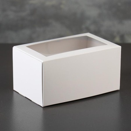 Box of a mono-unit cardboard for 2 cupcakes, with a window, white, 16 x 10 x 8 cm