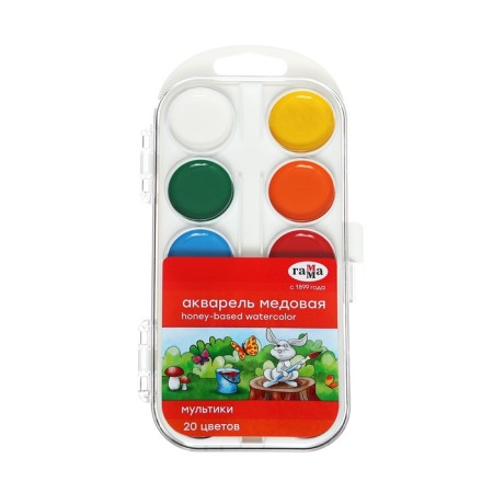 Watercolor 20 colors, "gamma" "cartoons", without a brush, in a plastic box