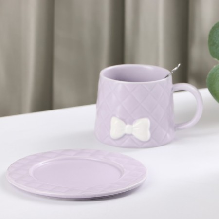 Tea couple ceramic with a spoon "Bow", 2 items: mug 350 ml, saucer d = 15 cm, lilac color-2