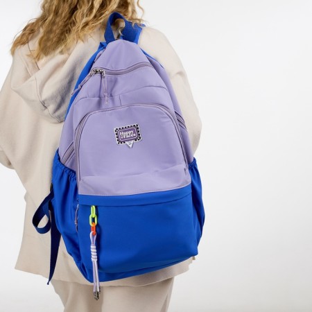 A backpack with a zipper, 4 outer pockets, lilac color/blue color-6