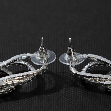 Hanging earrings with Hollywood rhinestones drops with threads, white color in silver, 15.5 cm-1