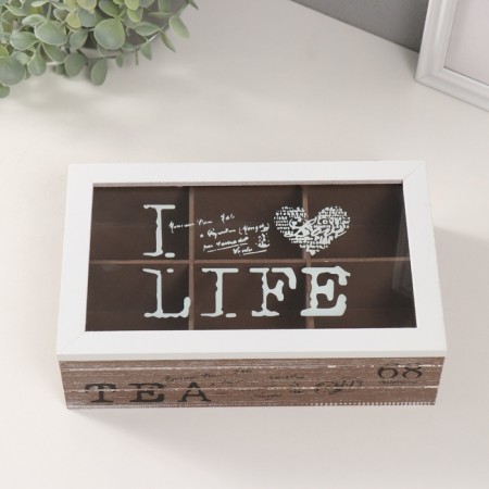 Casket wood 6 divisions "I love life" brown-white 15x24x7 cm-1