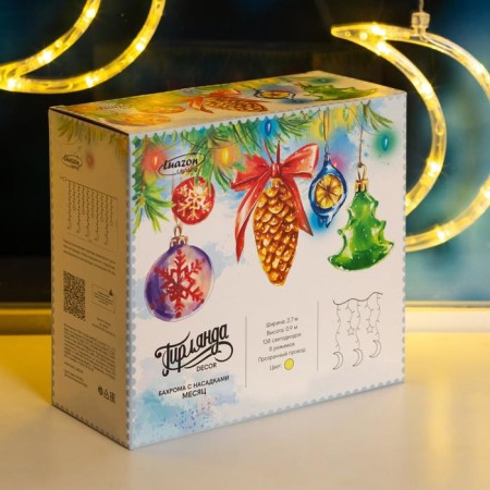 Garland “fringe” 2.7 × 0.9 m with nozzles “month”, ip20, transparent thread, 138 LED, glow warm white, 8 modes, 220 V-6