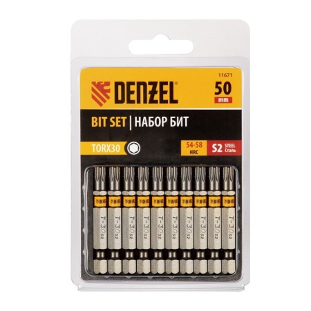 Denzel 11671 bit set, hexagonal profile, Torx 30 x 50 mm, steel S2, 10 pcs.
