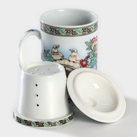 Ceramic mug with a lid and sieve "birds in peony", 300 ml-2